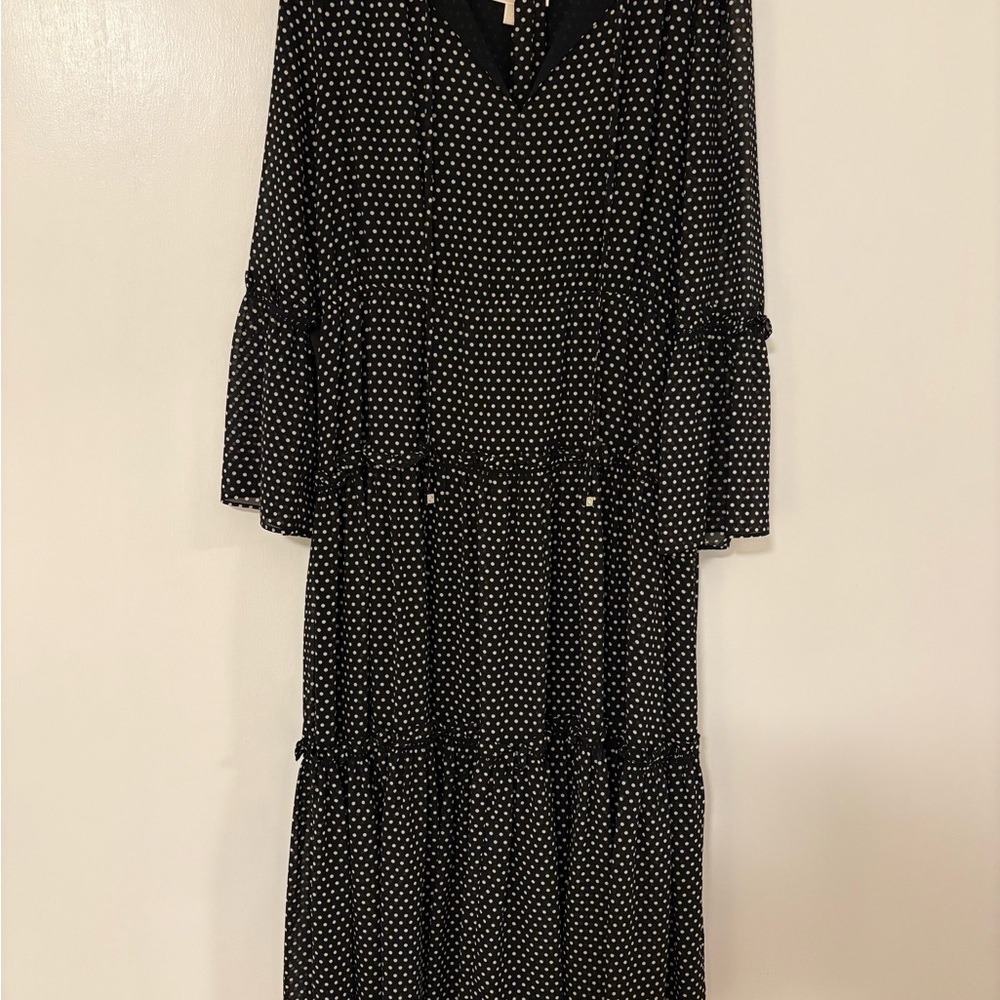 Black Polka Dot Long Sleeve Tiered Maxi Dress
